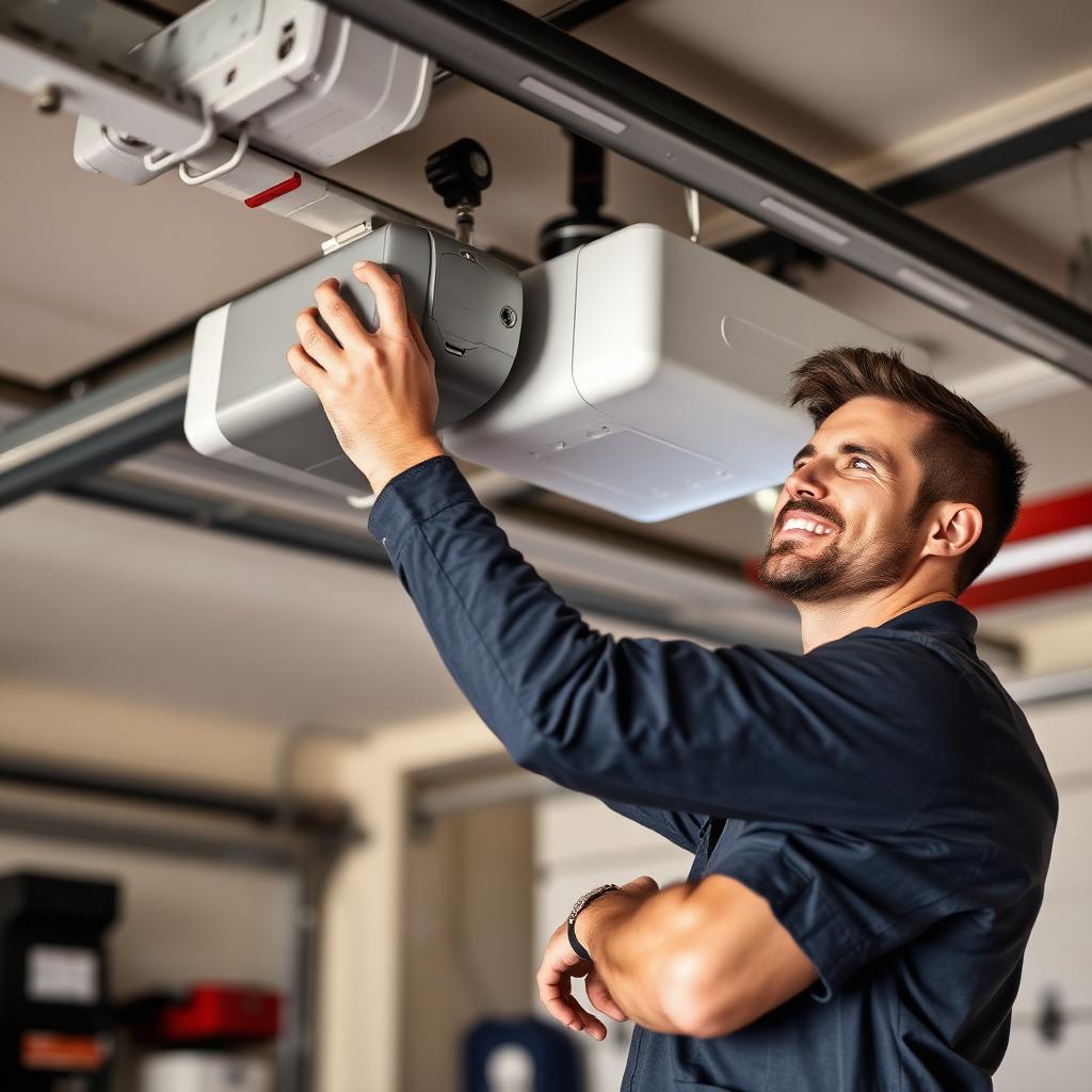 Experienced garage door technician adjusting opener motor