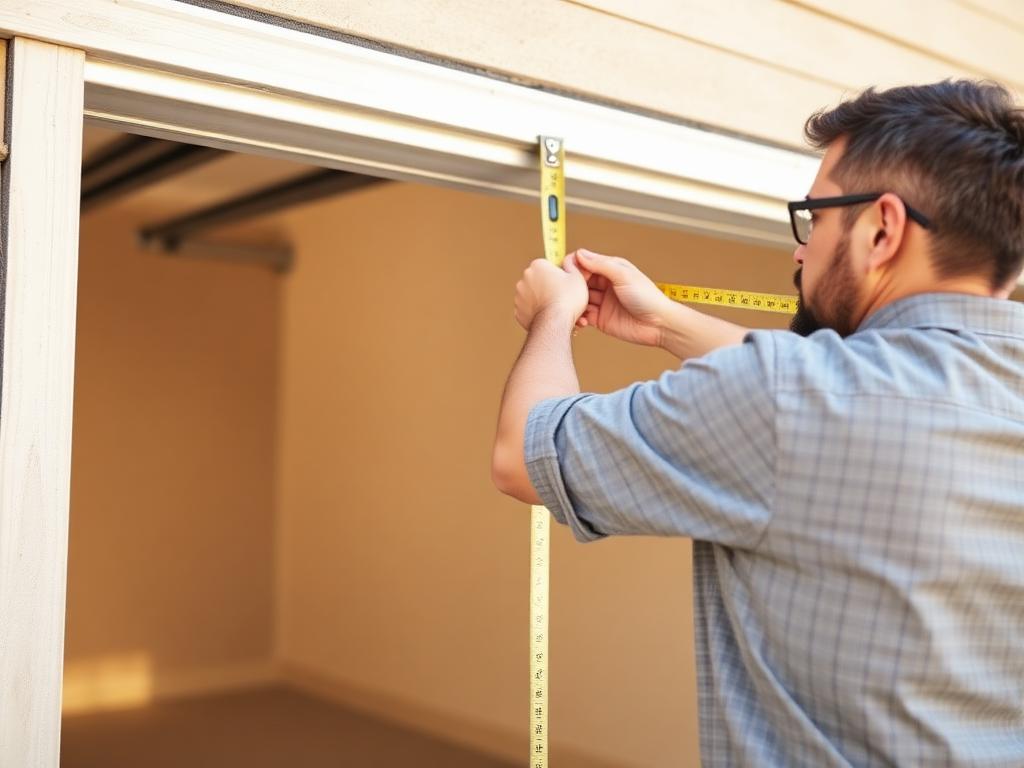 Homeowner measuring garage door opening height with tape measure