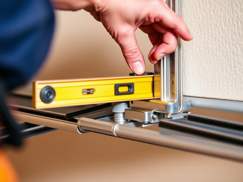 Technician checking garage door track alignment with a level tool