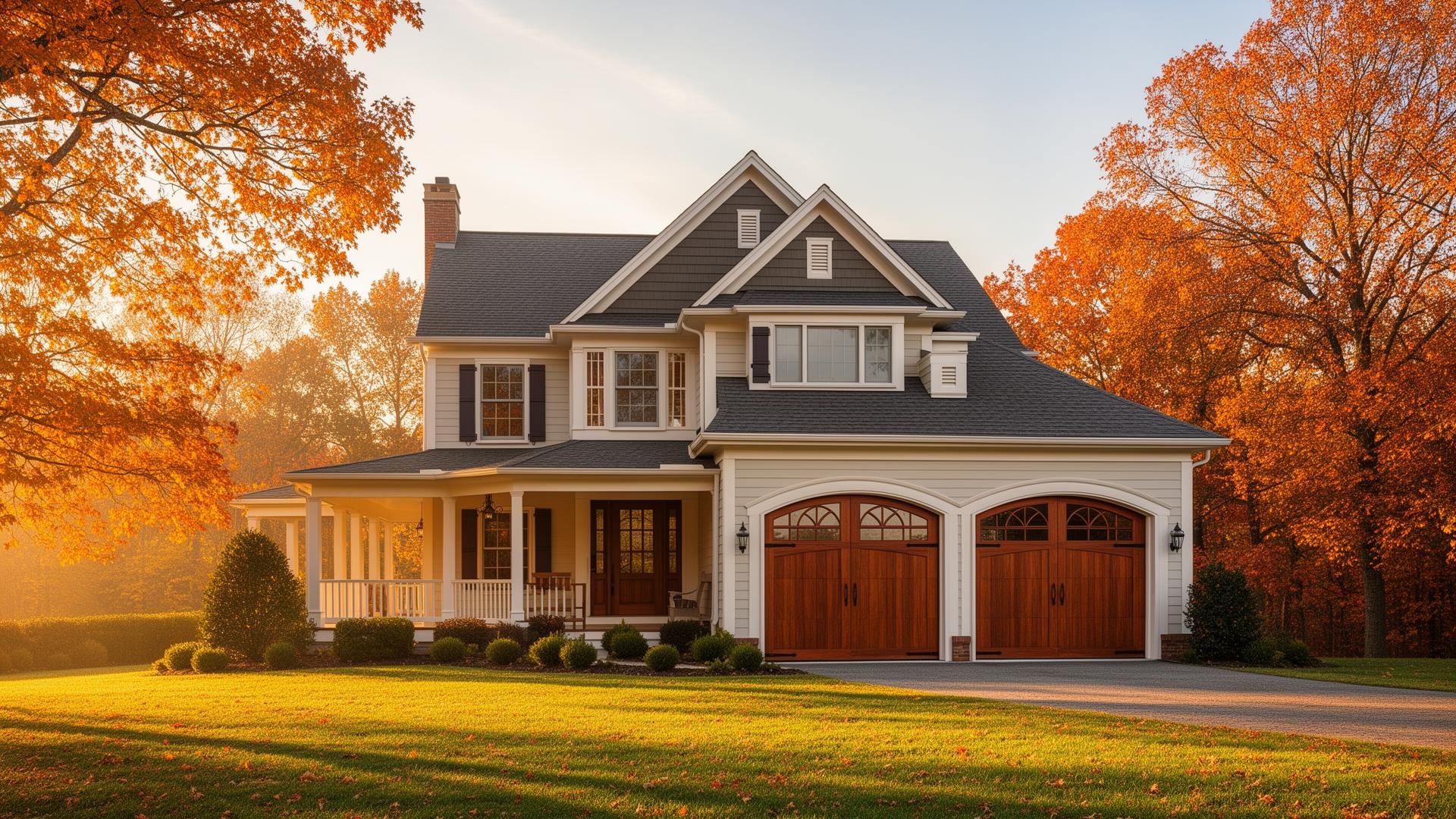Beautiful mahogany wood garage doors with arched windows on elegant farmhouse